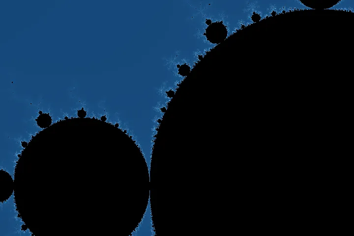 The identical Mandelbrot region rendered with a 320-iteration escape limit, resolving additional boundary detail.