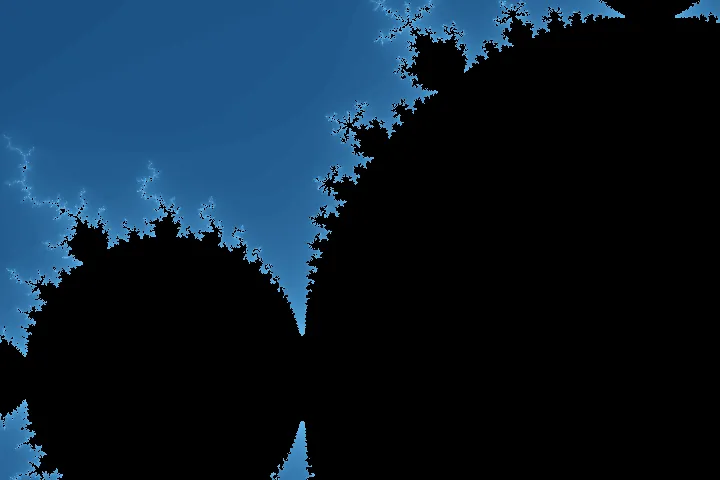 Mandelbrot region rendered with a 40-iteration escape limit; broad black regions remain unresolved.