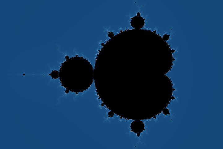 The full Mandelbrot set, black inside with blue escape bands outside.